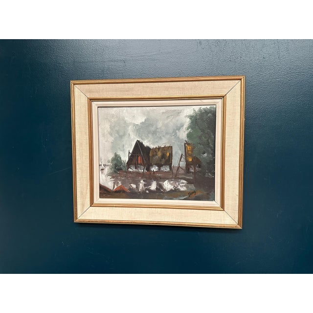 Original Vintage Scandinavian Oil on Panel – “Cabin by the Water” by Jeams – Signed – Framed – 56 × 48 cm (22" × 18.9")...