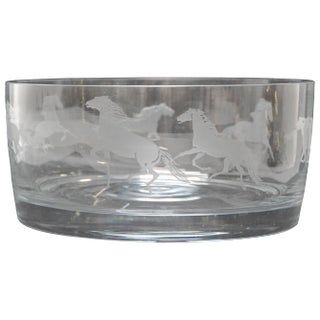Etched Horses on a Clear Glass Serving Bowl For Sale