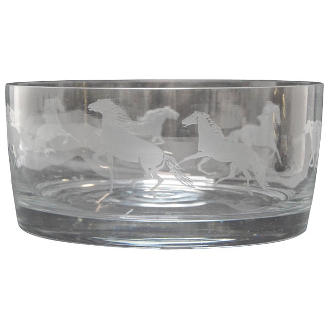 Etched Horses on a Clear Glass Serving Bowl For Sale