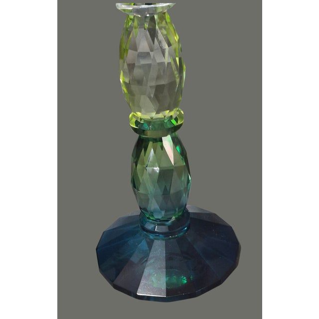 Mid-Century Modern Elegant Pair Bohemian Crystal Green 3-Tone Candlesticks For Sale - Image 3 of 8