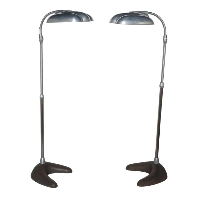 Sperti Inc. Raymond Loewy Style Aluminum & Cast Iron Adjustable Floor Lamps - A Pair For Sale