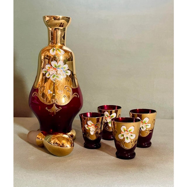 Glass Vintage Ruby & Gold Glass Floral Decanter & Glass Set- 5 Pieces For Sale - Image 7 of 9