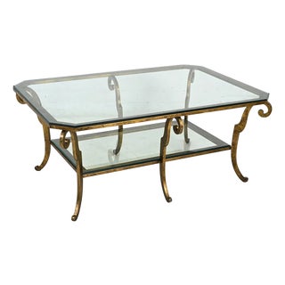 1970s Oversized Hollywood Regency Gilt Iron Two-Tier Glass Coffee Table For Sale