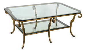 1970s Oversized Hollywood Regency Gilt Iron Two-Tier Glass Coffee Table