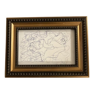 1980’s Original Wayne Cunningham Small Abstract Blue Ink Drawing Tabletop Frame For Sale