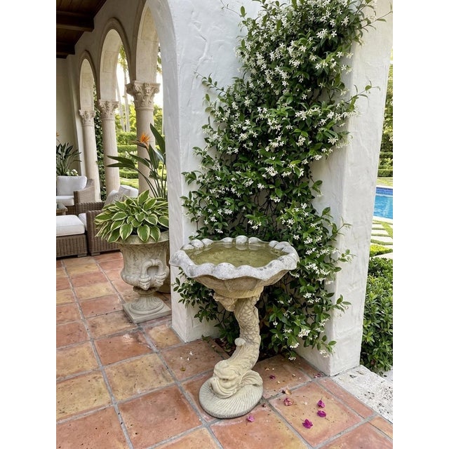 Vintage Scalloped Cast Stone Dolphin Birdbath For Sale - Image 10 of 11