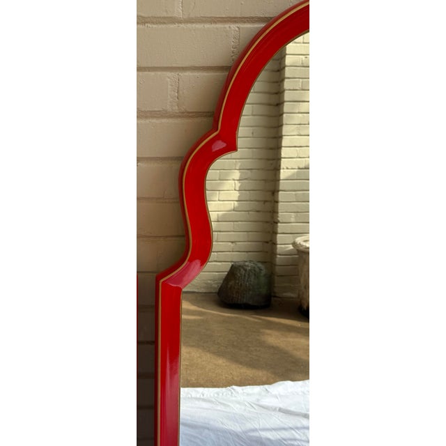 Ballard Designs Chic Vintage Mid-Century Arched Top Wall Mirrors in Red With Gilt Accent Newly Painted - A Pair For Sale - Image 4 of 9