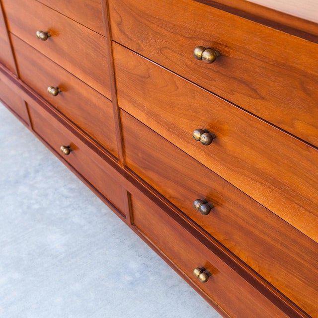 Mount Airy Furniture Company Restored 1950s Mount Airy Walnut & Brass Sculptural Mid Century Lowboy Dresser, Attributed For Sale - Image 4 of 12