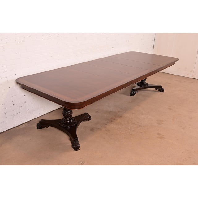 Baker Furniture Regency Banded Mahogany Double Pedestal Extension Dining Table, Newly Refinished For Sale - Image 17 of 17