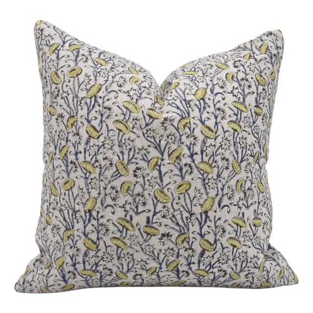 Throw Pillow Cover Designer Collection of Hand Block Printed Thick Linen 16x16 Inch- Pista For Sale