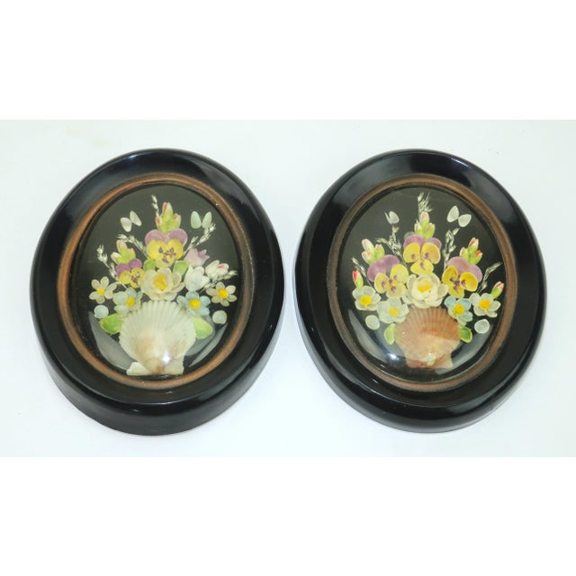 Victorian Vintage Shell Art Floral Bouquet in Victorian Style Oval Frames, a Pair For Sale - Image 3 of 12