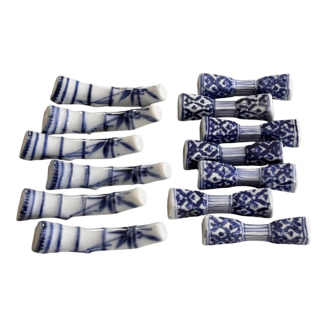 Mid-Century Asian Blue & White Fine Porcelain Knife Rests - A Baker’s Dozen For Sale