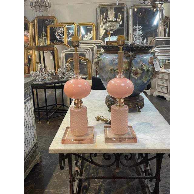 Very fine pair of modern pink Murano glass lamps. Makes an elegant statement in a fine home. Gorgeous!!
