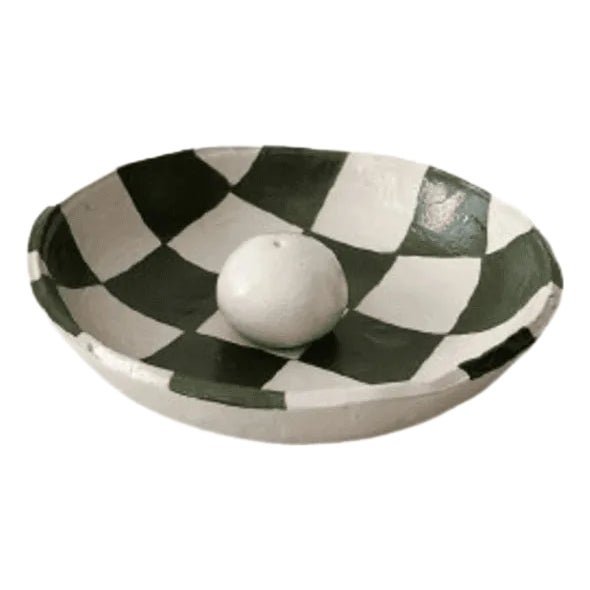 Handmade Clay Incense Burner With Checkered Pattern (Green & White) For Sale