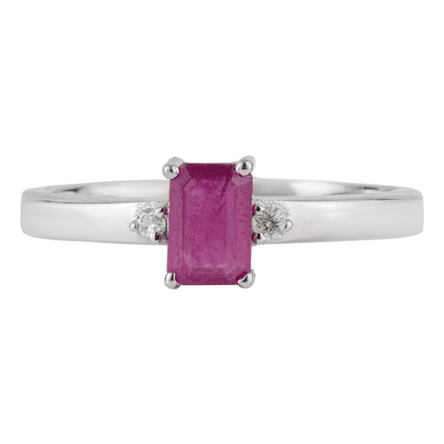 Dainty 0.69 Ct Octagon Ruby & Diamond Three Stone Ring in 925 Sterling Silver Size 6 For Sale