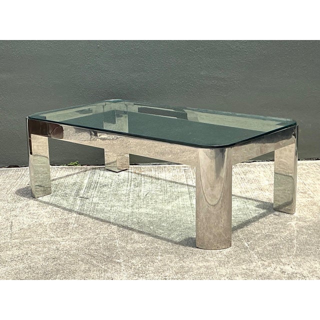 Metal Vintage Chrome and Glass Coffee Table After Karl Springer For Sale - Image 7 of 18