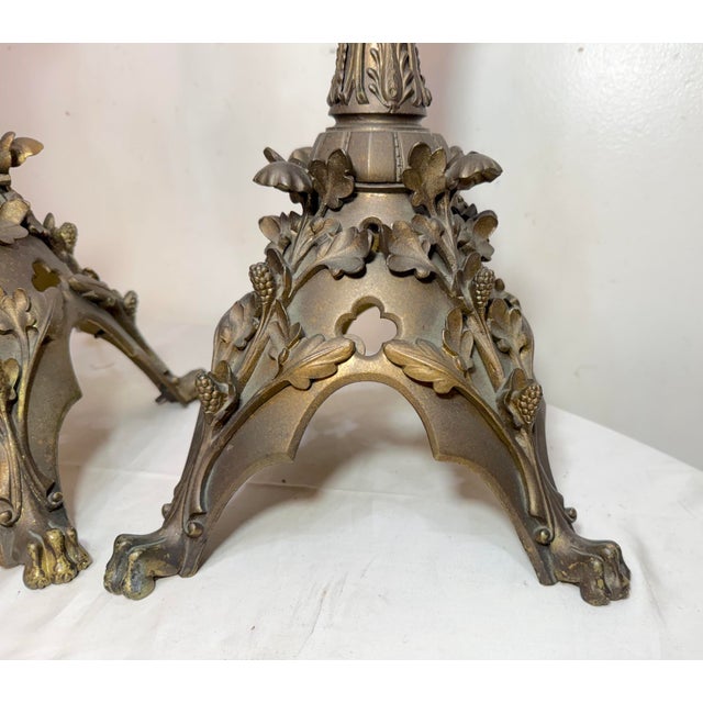 Antique 1800's Ornate Bronze Religious Candle Holder Electric Table Lamps - a Pair For Sale - Image 10 of 14