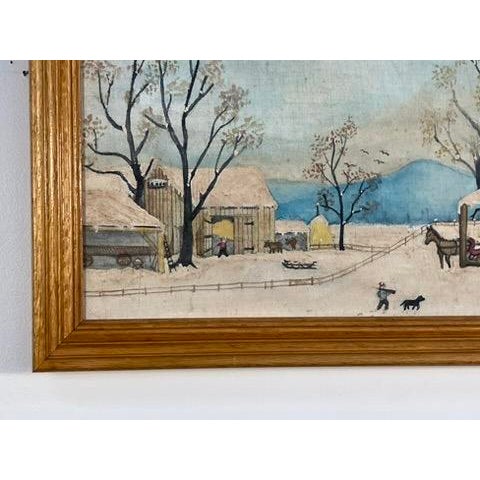 Folk Art Folk Art Winter Farm Scene by Constantine, 1971 – Snowy Americana Landscape For Sale - Image 3 of 9
