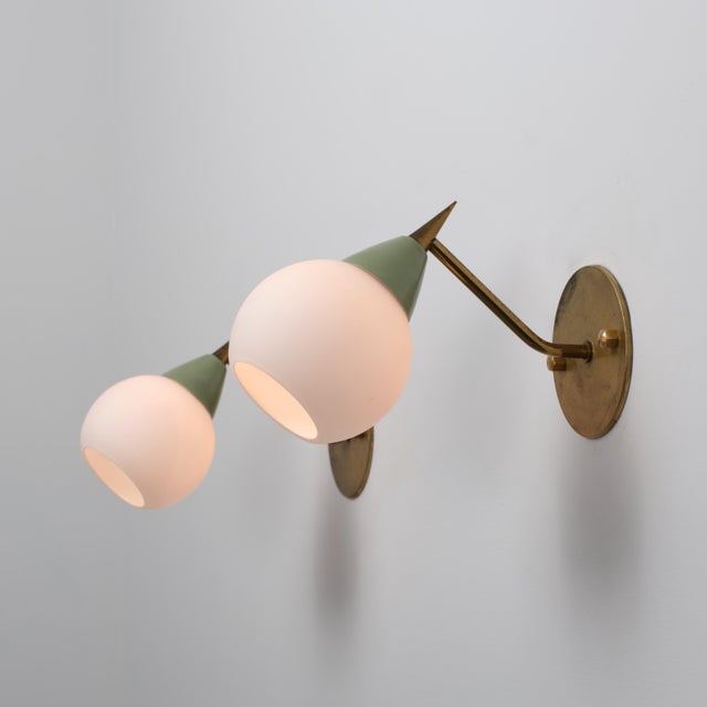 Italian Brass and Opaline Glass Sconces with Light Green Details, 1950s, Set of 2 For Sale - Image 6 of 9