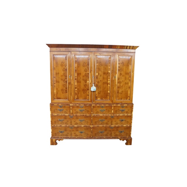 English Antique English George II Style Oyster Burl Yew Cabinet on Chest Linen Press 80" For Sale - Image 3 of 18