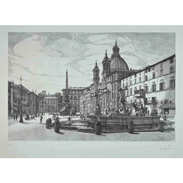 Giuseppe Malandrino, View of Piazza Navona, Original Etching, 1970s For Sale