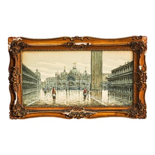 Lovely Venetian Scene Watercolor Antique Painting St. Marks Basilica Square Venice Italy Ornate Frame Art European Grand Tour Wall Decor For Sale