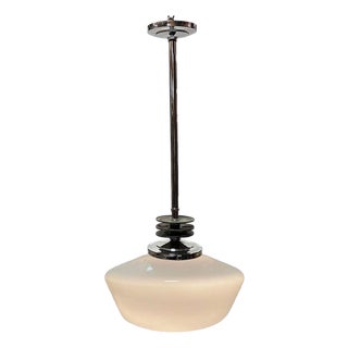 1930s Art Deco Chrome Streamline Pendant Light W/ Opal Schoolhouse Globe For Sale