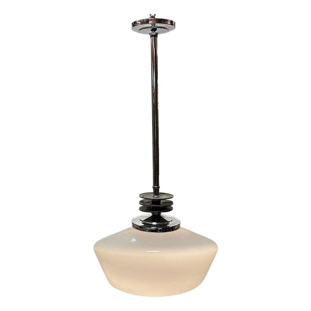 1930s Art Deco Chrome Streamline Pendant Light W/ Opal Schoolhouse Globe For Sale