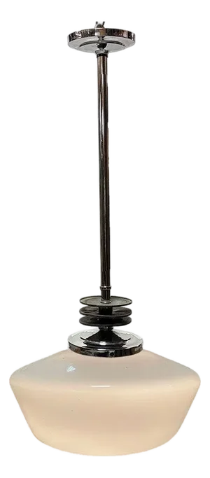 1930s Art Deco Chrome Streamline Pendant Light W/ Opal Schoolhouse Globe