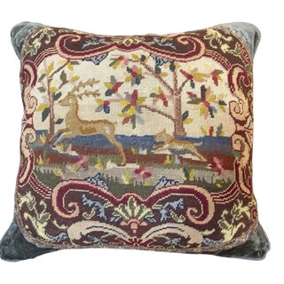 Large Antique 19thc English Needlepoint Scenic Tapestry Cushion Pillow For Sale