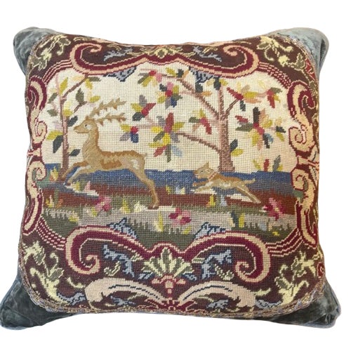 Large Antique 19thc English Needlepoint Scenic Tapestry Cushion Pillow For Sale