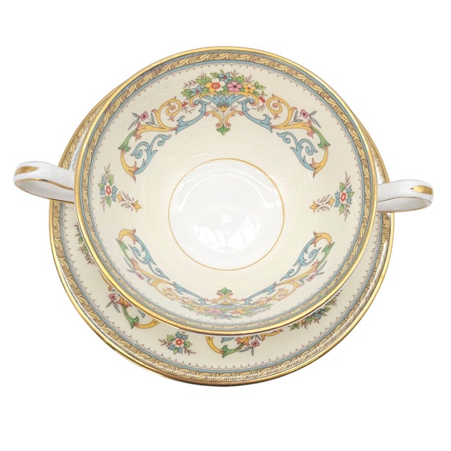 Mid 20th Century Set of 4 Aynsley “Henley” Bone China Cream Soup Bowls With Matching Saucers – Gilded English Scroll Motif 6.75" For Sale - Image 5 of 7