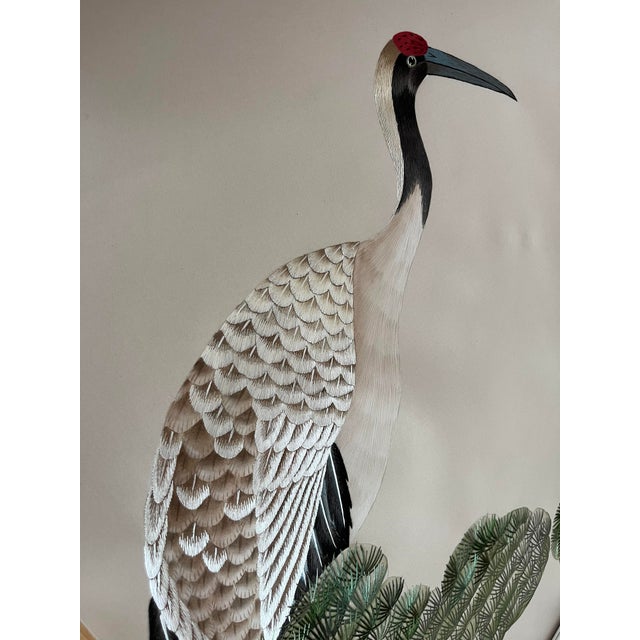 Chinoiserie Beige Pine & Crane Chinoiserie Mural | 6-Panel Hand-Painted Wallpaper For Sale - Image 3 of 5