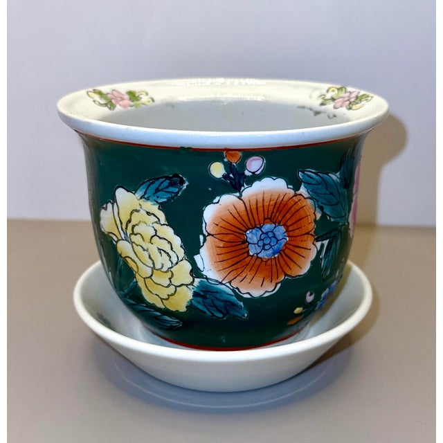 Green Floral Chinoiserie Planter With Tray For Sale - Image 4 of 10