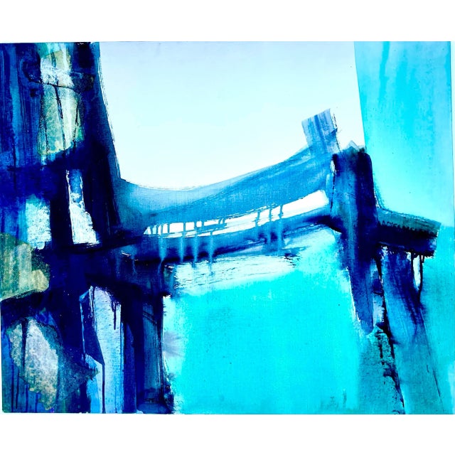 This abstract painting evokes the image of a large bridge over water next to skyline. Possibly the George Washington...