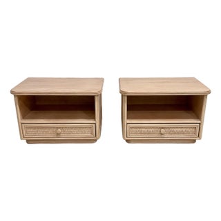 Pair of Maugrion for Roche Bobois French Oak & Cane Nightstands, Circa 1980 For Sale