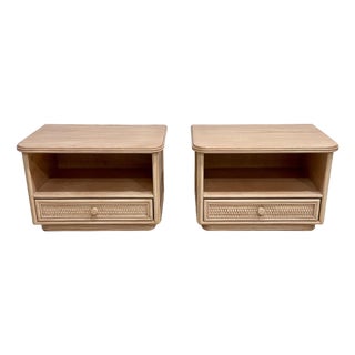 Signed Pair of Roche Bobois Nightstands by Maugrion – French Oak & Cane, Circa 1980 For Sale