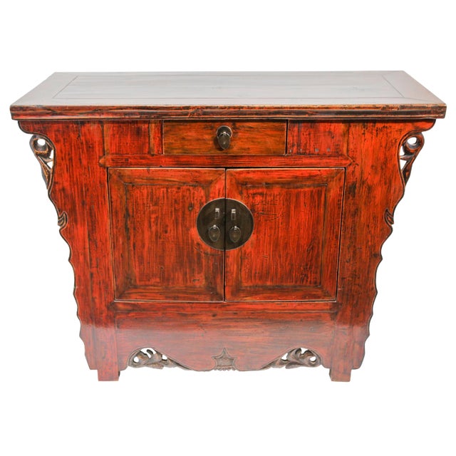 Chinese Ming Dynasty Style Altar Red Lacquered Cabinet For Sale