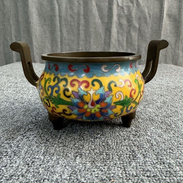 Art Deco Large Vintage Cloisonné Enamel Tripod Censer With Handles For Sale - Image 3 of 6