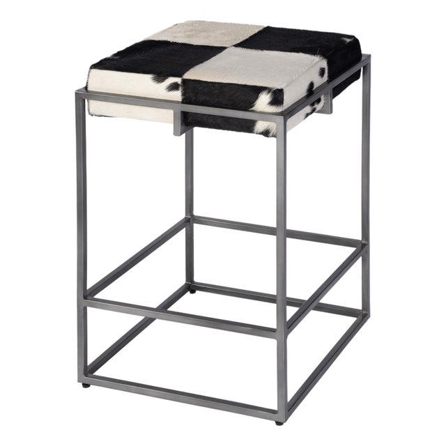 Stinson 26.5 in. Seat Height Hair on Hide Leather and Iron Counter Stool with Footrest, Black and White For Sale
