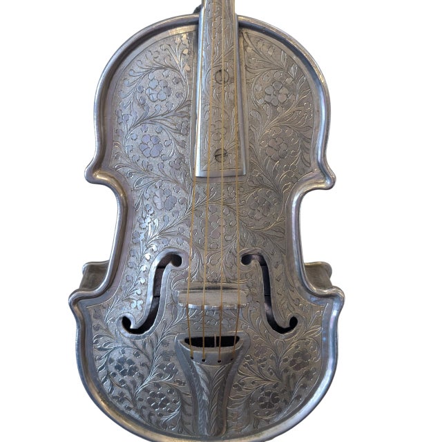 Metal Antique Silverplate Violin With Music Box and Secret Drawer For Sale - Image 7 of 11