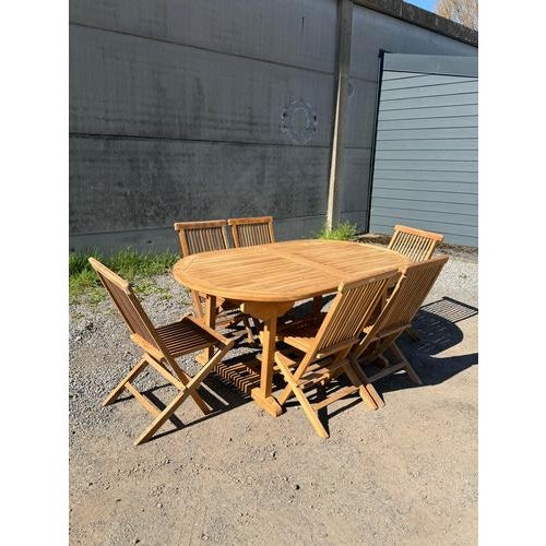 Wood Teak Extendable Garden Table in Oval and Folding Chairs, Set of 7 For Sale - Image 7 of 11