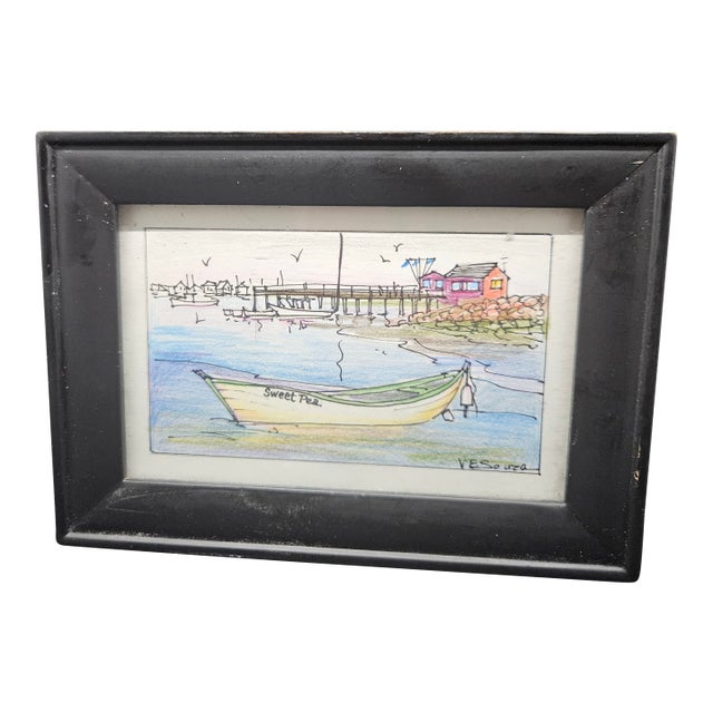 Vintage Coastal Beach Landscape Drawing, Maine-Based Graphic Artist Virginia E. Souza For Sale