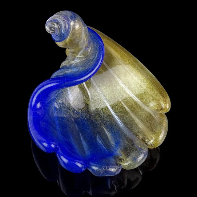 Murano Seguso Murano Vintage Blue Pulveri Gold Flecks Italian Art Glass Sculptural Seashell Jewelry Dish For Sale - Image 4 of 7