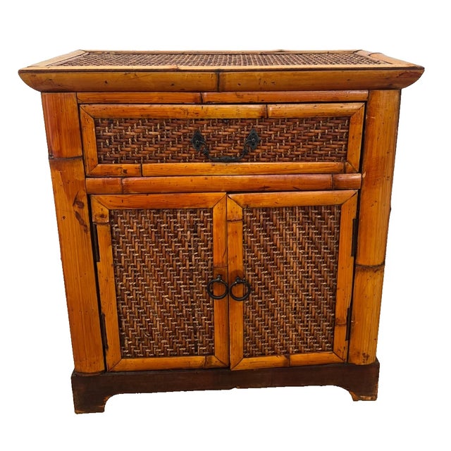 Gorgeous Mid Century Nightstand Cabinet Double Doors Drawer Wicker and Bamboo petite size Tiki Tropical Style. 23" Tall x...