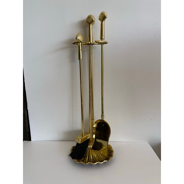 Late 20th Century Vintage Brass Fireplace Tool Set Scallop Shell Design For Sale - Image 5 of 12