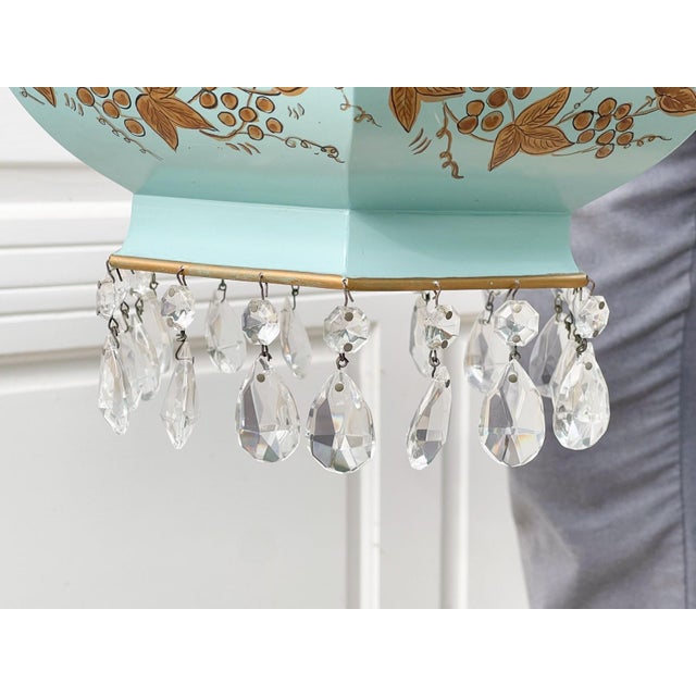Vintage French Tiffany Blue and Gold Gilt Tole Metal Chandelier With Clear Crystals For Sale - Image 11 of 11