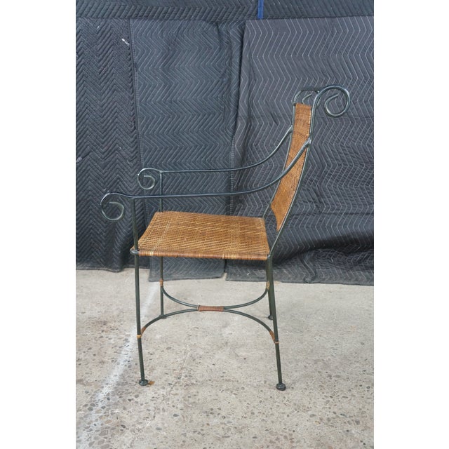 Pair Mid Century Modern Iron Wicker Patio Chairs Vintage Wrought Iron Dining Armchairs For Sale - Image 12 of 18