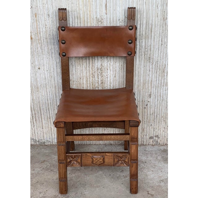 19th Vintage Spanish Carved Chairs With Leather Seat and Back - Set of