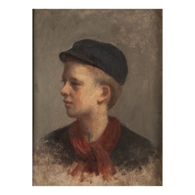 Unknown, Portrait of a Young Boy with Cap and Red Scarf, Oil Painting For Sale